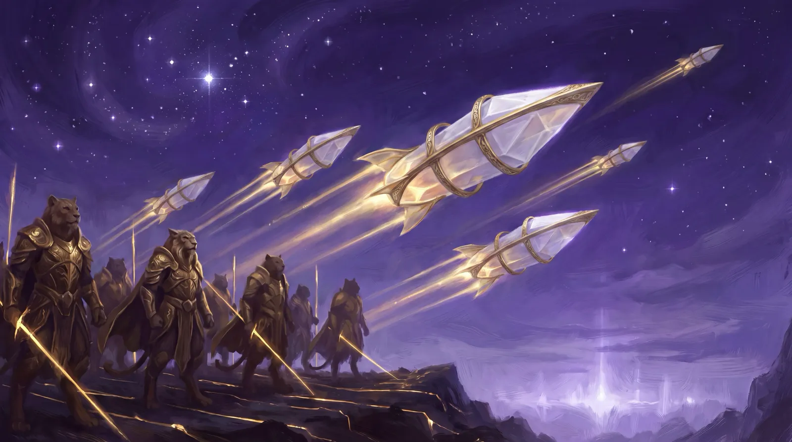 The Lyran fleet rising: crystalline arks climbing away from the world, their light thinning into the stars.