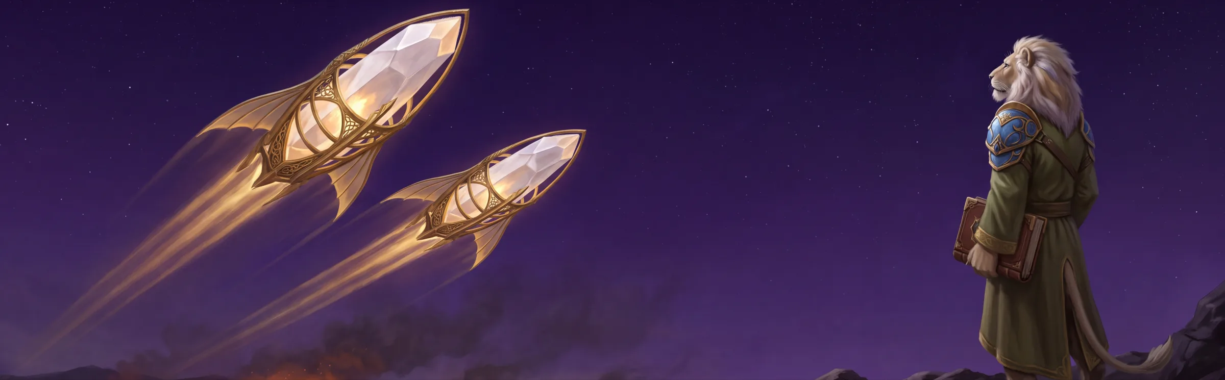Two crystalline Lyran arks climbing away from a burning horizon under a violet sky, watched from a ridge by a white-maned lion in a green warden's coat holding a leather-bound book.