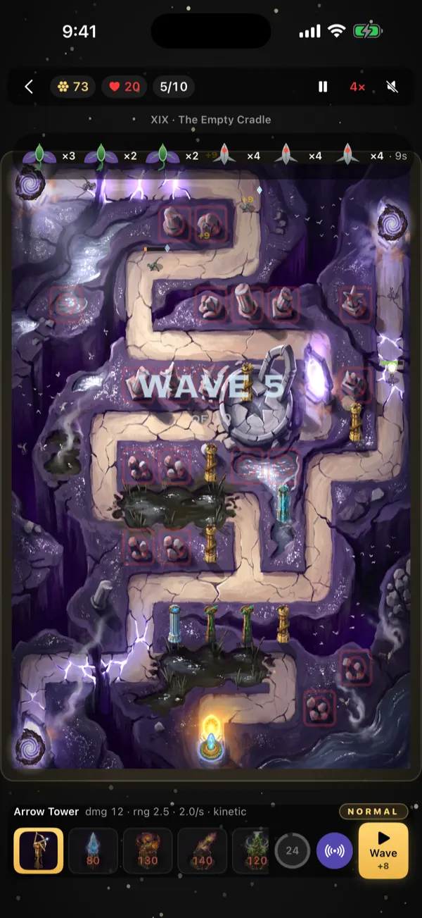 A wave in progress on The Empty Cradle: a winding pale road through violet stone, gold towers along it.