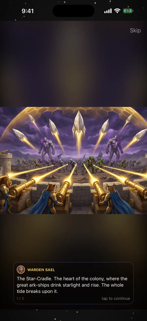 A story cutscene: a painted vignette with a character's briefing beneath it.